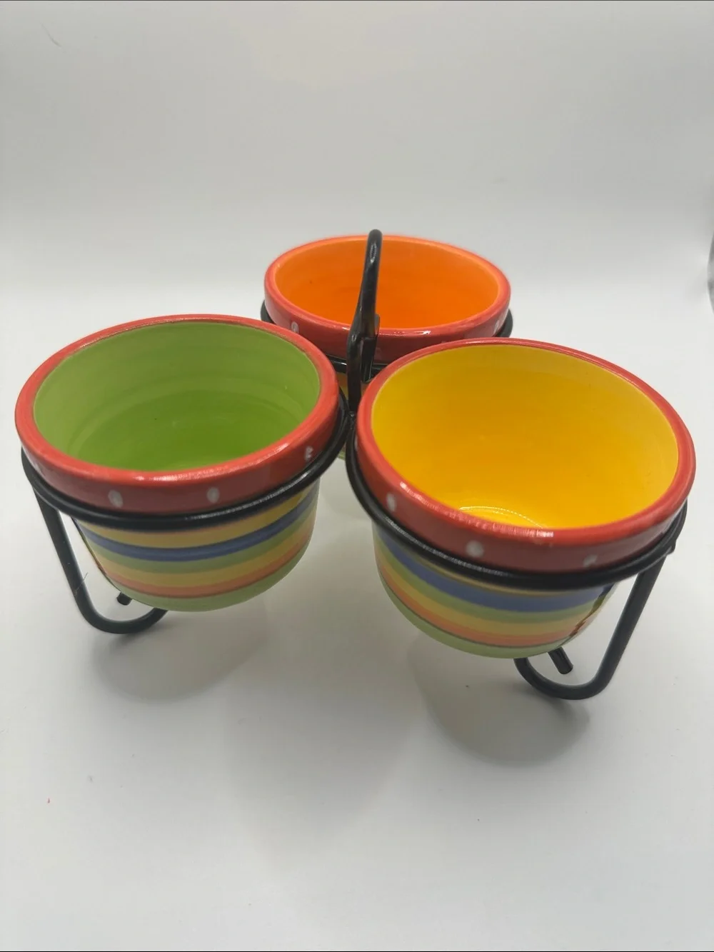 Vintage Ceramic Triple Dip Server Set in Multicolor Stripe